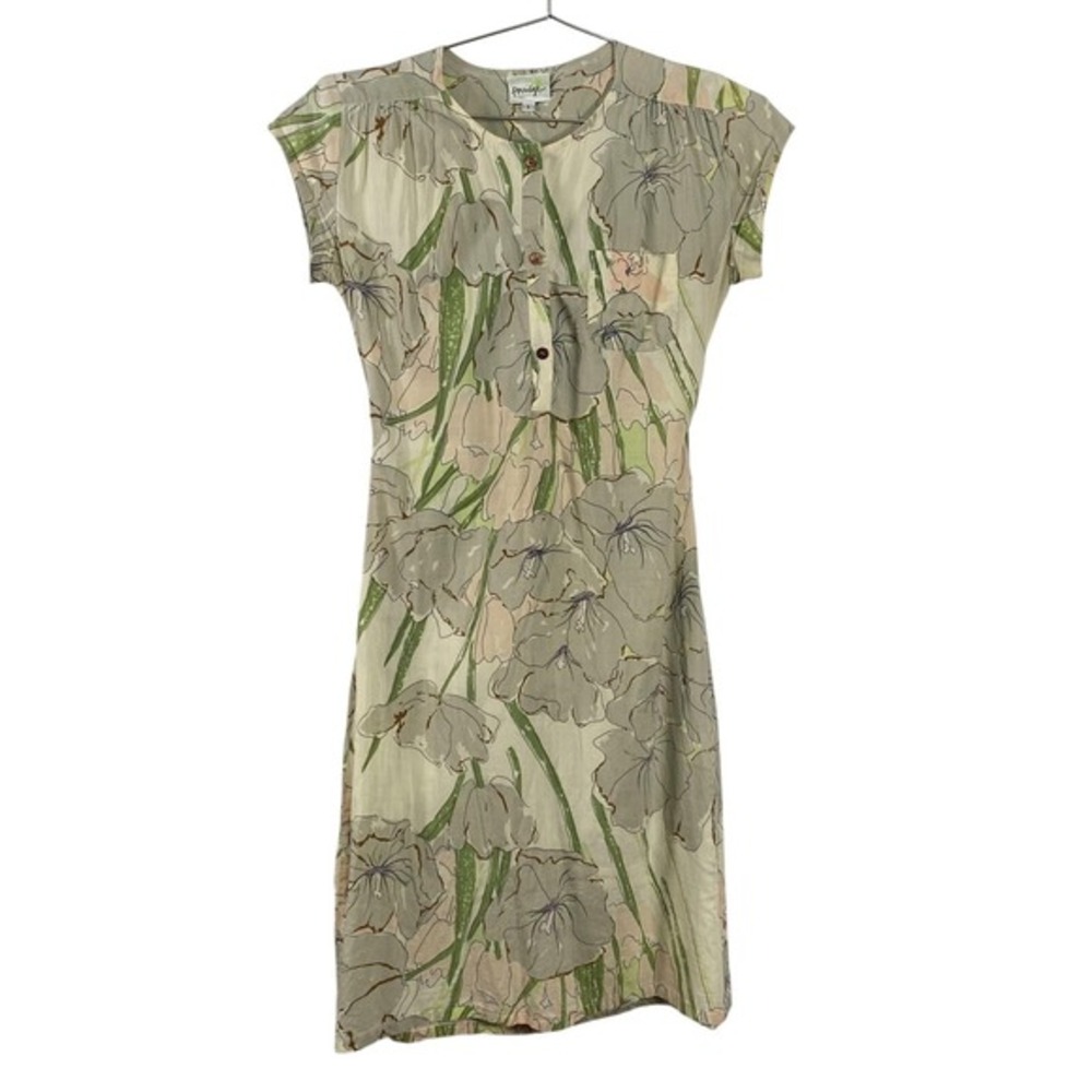 Porridge Dress Womens Size 1 Green Beige Floral Print Button Tie Back Made USA‎